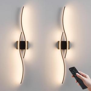 Battery Operated Wall Sconces Set of Two with Remote Control, Dimmable/3 Color/Night-Light/Timer/Memory, Black Modern Wireless LED Sconce for Living Room, Hallway, Bedroom, 39.3 Inch (2 Pack)