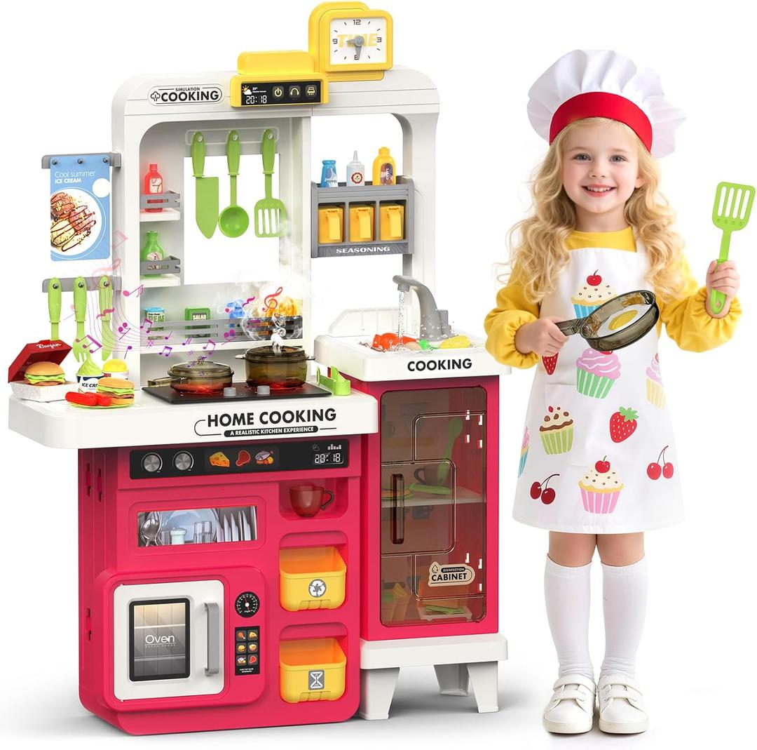 Kids Kitchen Playset, 68 PCS Toddler Kitchen Playset for Toddlers 1-3 3-5, 32.2IN Play Kitchen with Spraying, Light & Sound, Cooking Stove, Play Sink, Oven and Toy Kitchen Accessories (Red)
