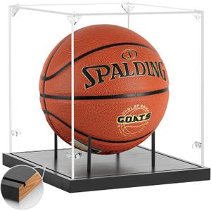 Basketball Display Case Acrylic Clear, UV Protected Basketball Box with Solid Wood Base & Full Size Soccer Display Stand for NBA WNBA Ball Memorabilia Keepsake, Ideal Gift, Black