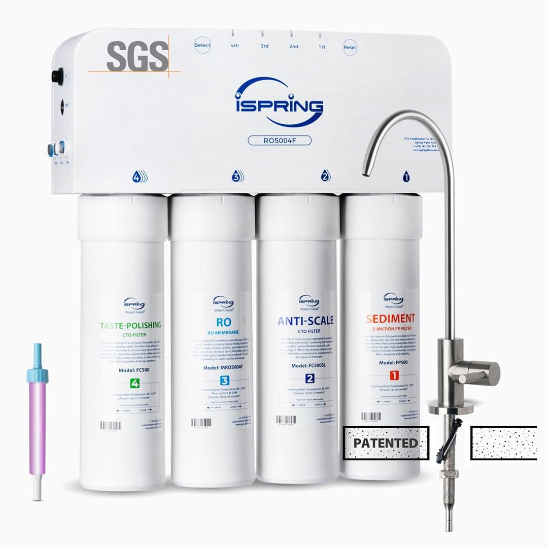 iSpring RO5004F Reverse Osmosis Water Filter with UV, SGS Tested PFAS and TDS Reduction, 500 GPD RO System Under Sink, 2:1 Pure to Drain, Tankless RO Water Filtration System, Filter Life Monitor
