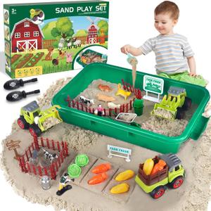 Farm Sensory Bin, Farm Toys & 2.2lbs Play Sand, Farm Animals, Farm Trucks, Sand Box with Lid, Christmas Birthday Gift for Kids Toddlers Ages 3 4 5 6 7 8 (Large)