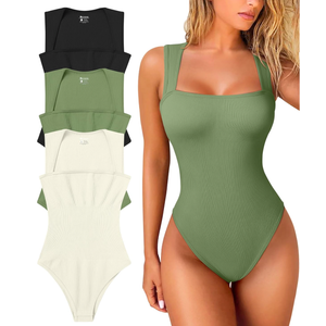 OQQ Women's 3 Piece Bodysuits Sexy Ribbed Strappy Square Neck Sleeveless Tummy Control Tank Tops Bodysuits XL