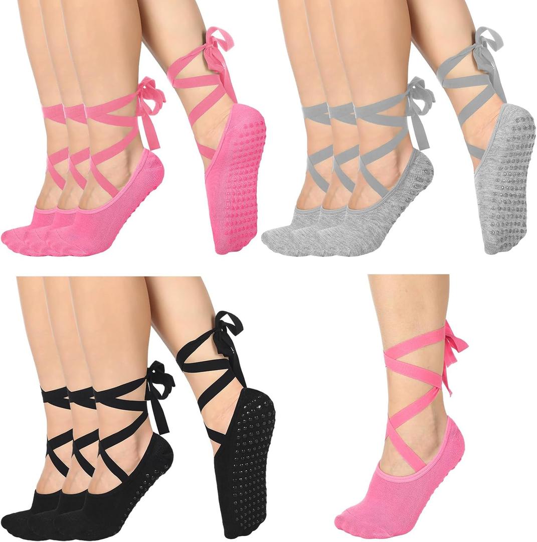 Jeyiour 9 pcs Ballet Tie Socks for Women with Grips Pilates Yoga Non-slip Socks for Dancing Barre Ballet Yoga Pilates (Black, Gray, Pink)