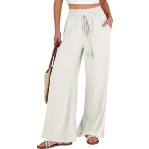 ANRABESS Women's Linen Pants Summer Casual Palazzo Beach Pant Drawstring High Waist Wide Leg Trousers Vacation Outfits Medium Beige