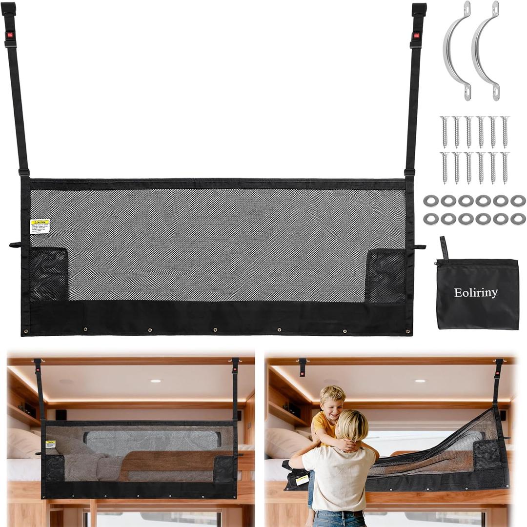 59" x 18" Campers & RV & Bunk Bed Safety Net with Quick Release Seat Belt Buckles,Adjustable Bunk Bed Netting for Family Travel, Motorhome, Trailer, Fifth Wheels RV Bedding Accessories Mesh Barrier