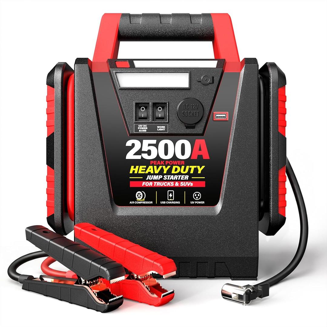 2500A Peak Car Jump Starter with 150PSI Air Compressor, 12V Battery Jump Box for Car, Truck, SUV (Up to 8.0L Gas/Diesel Engines), 20000mAh Portable Power Pack with DC/USB, 500LM Work Light
