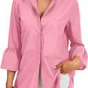 LYANER Women's Flare Long Sleeve Stand Collar Button Down Blouse Shirt Top (X-Large, Pink)
