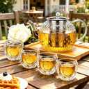 Amzcku 50OZ/1500ml Vintage Glass Teapot Set with 4 Cups, Teapot Set with Removable Infuser Stovetop Safe, Borosilicate Glass Tea Kettle for Blooming & Loose Leaf Tea