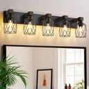 Farmhouse Bathroom Vanity Light, 5-Light Wood Bathroom Light Fixtures Over Mirror, Black Industrial Vanity Lights with Metal Shade, Rustic Bathrooms Lighting for Living Room, Bedrooms, Hallway