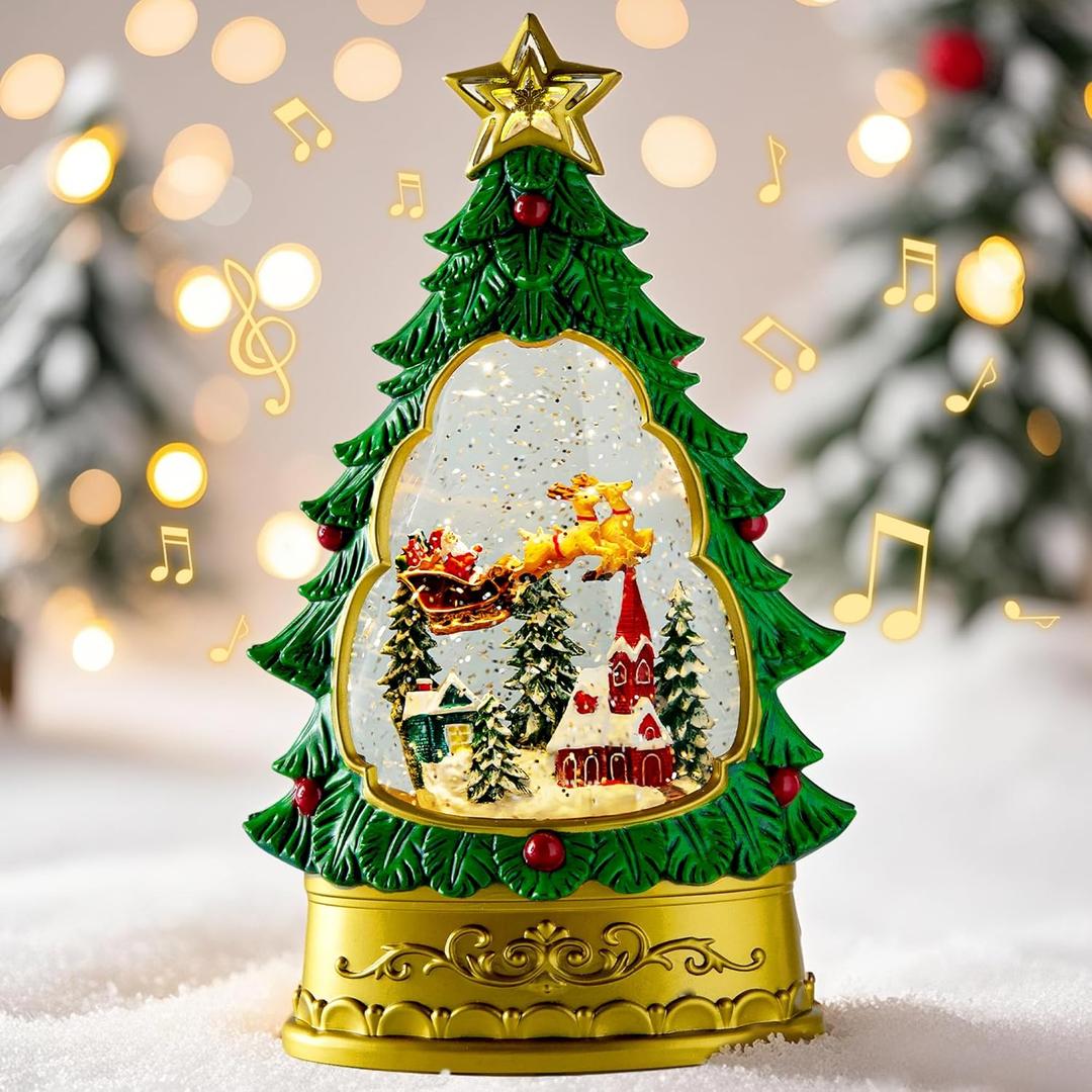Musical Christmas Snow Globe Lantern - Glittering Prelit Christmas Tree Santa and Elk, USB Lined or Battery Operated Lighted - Christmas Decorations Indoor Home Decor