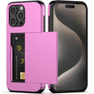 Nvollnoe Compatible with iPhone 15 Pro Max Case with Card Holder Heavy Duty Protective Dual Layer Shockproof Hidden Card Slot Slim Wallet Phone Cover for Women&Men 6.7 inch(Hot Pink)
