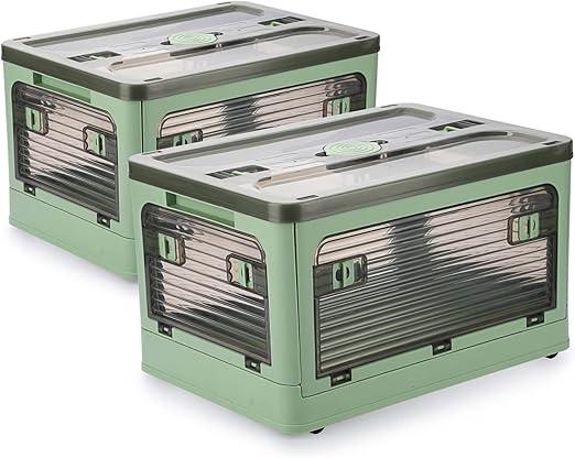 Aimisin Folding Storage Bins, 36 Liters, 2 Pcs Green Plastic Storage Containers with Wheels, Four Doors, Foldable, Stackable, Plastic Box with Lids for Organization, Storage Cart
