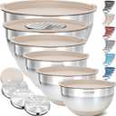 Priority Chef 6Pc Large Mixing Bowls With Lids Set with Non-Slip Bases, Stainless Steel Mixing Bowl Set, 6 Airtight Lids and 3 Graters, Khaki