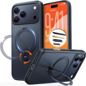 TORRAS Q3 Spin for iPhone 17 Pro Case, Patented 360 Magnetic Stand, Fit for MagSafe, Built-in Ring Holder Kickstand, Mil-Grade Protective Case for iPhone 17 Pro, Camera Control, Translucent Black