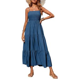 PRETTYGARDEN Women's Summer Maxi Dress 2025 Casual Boho Sleeveless Spaghetti Strap Smocked Tiered Long Beach Sundresses (Dark Blue, Size S)