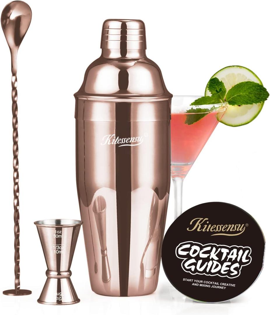 KITESSENSU Cocktail Shaker Set, Stainless Steel Bartending Kit with 25 Ounce Cocktail Shaker with Built in Drink Strainer, Measuring Jigger, Mixing Spoon & Drink Recipe Guide, Rose Gold