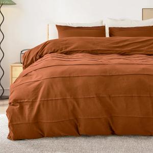 NEXHOME PRO 100% Organic Cotton Duvet Cover Set King Size Linen Pleated Design,Terracotta Burnt Orange, 3pc Bedding Set with Zipper Closure, Soft, Lightweight and Breathable (104"x90", No Comforter)
