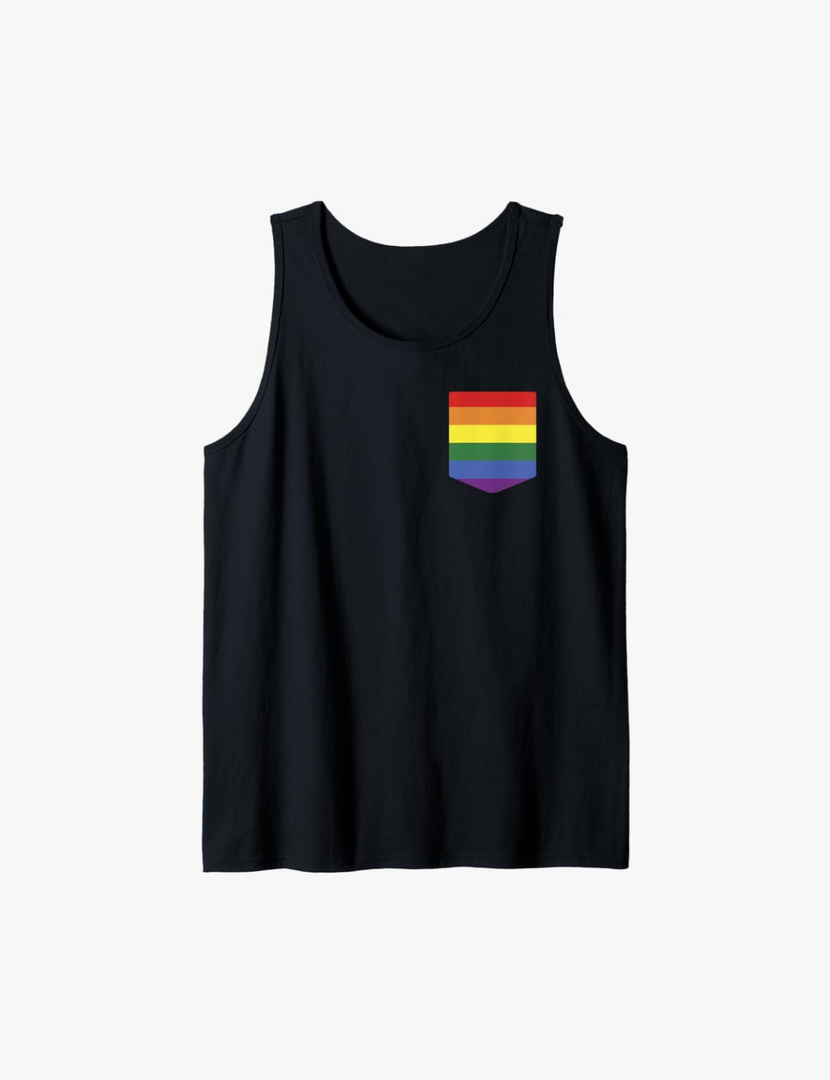 Pocket Rainbow Flag Print Retro Gay LGBT Pride Month Support Tank Top Size L