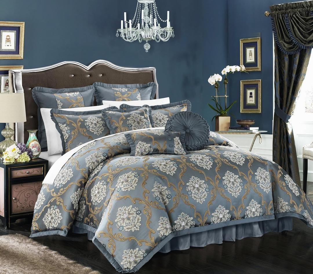 Chic Home 9 Piece Aubrey Decorator Upholstery Comforter Set and Pillows Ensemble, King, Blue (King, Blue)