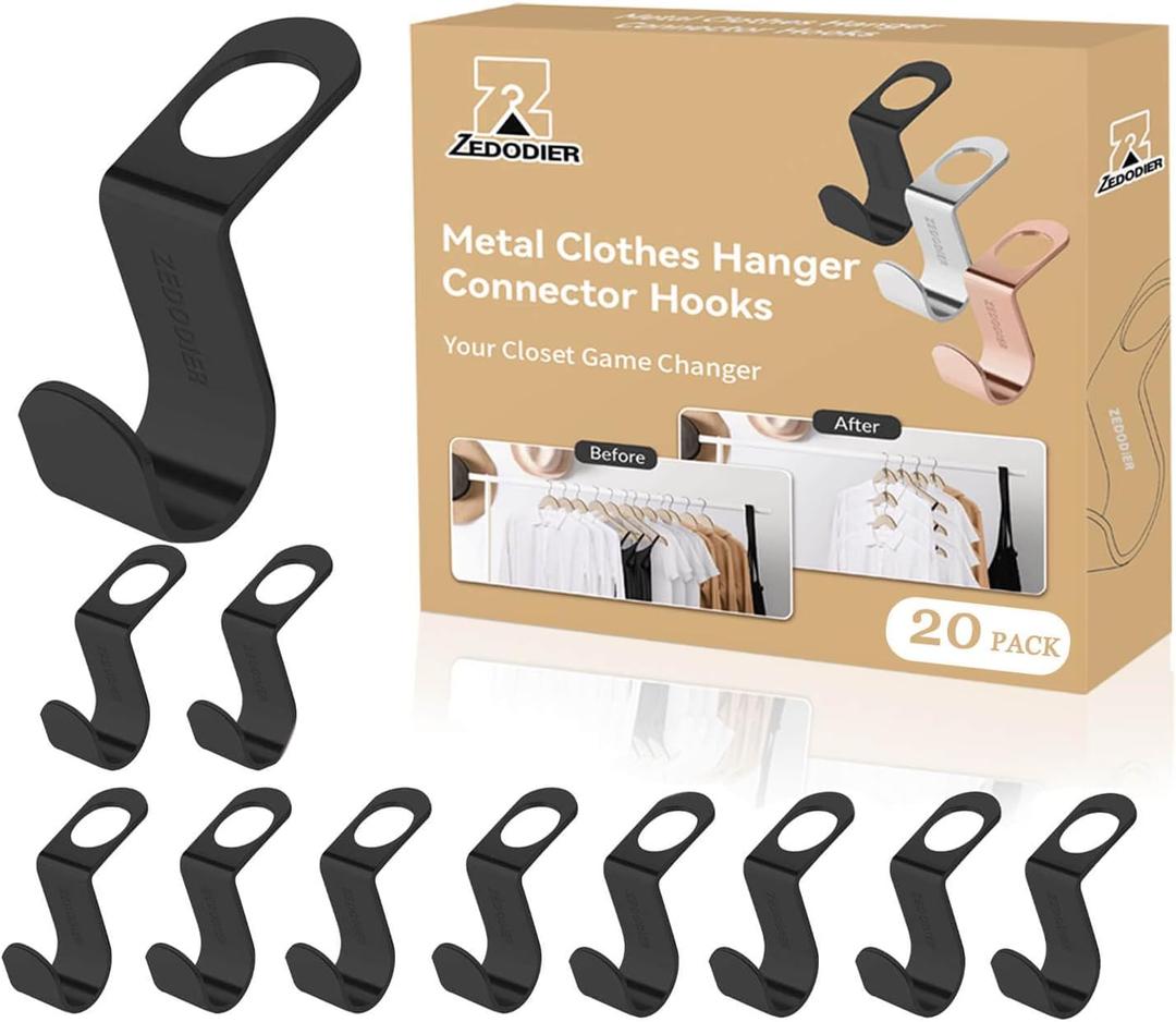ZEDODIER Metal Clothes Hanger Connector Hooks, 20 Pack Super Sturdy Hanger Extender Hooks, Efficient Closet Space Saver, Easy to Use, Suitable for Heavy Clothing, Black