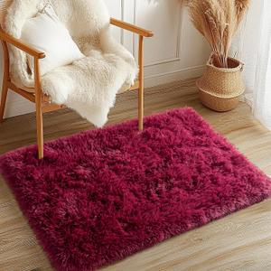 2x3 Rug - Non-Slip for Living Room - Height Pile 1.4" Plush Rug - Fluffy Throw Rugs Carpet for Bedroom - Burgundy