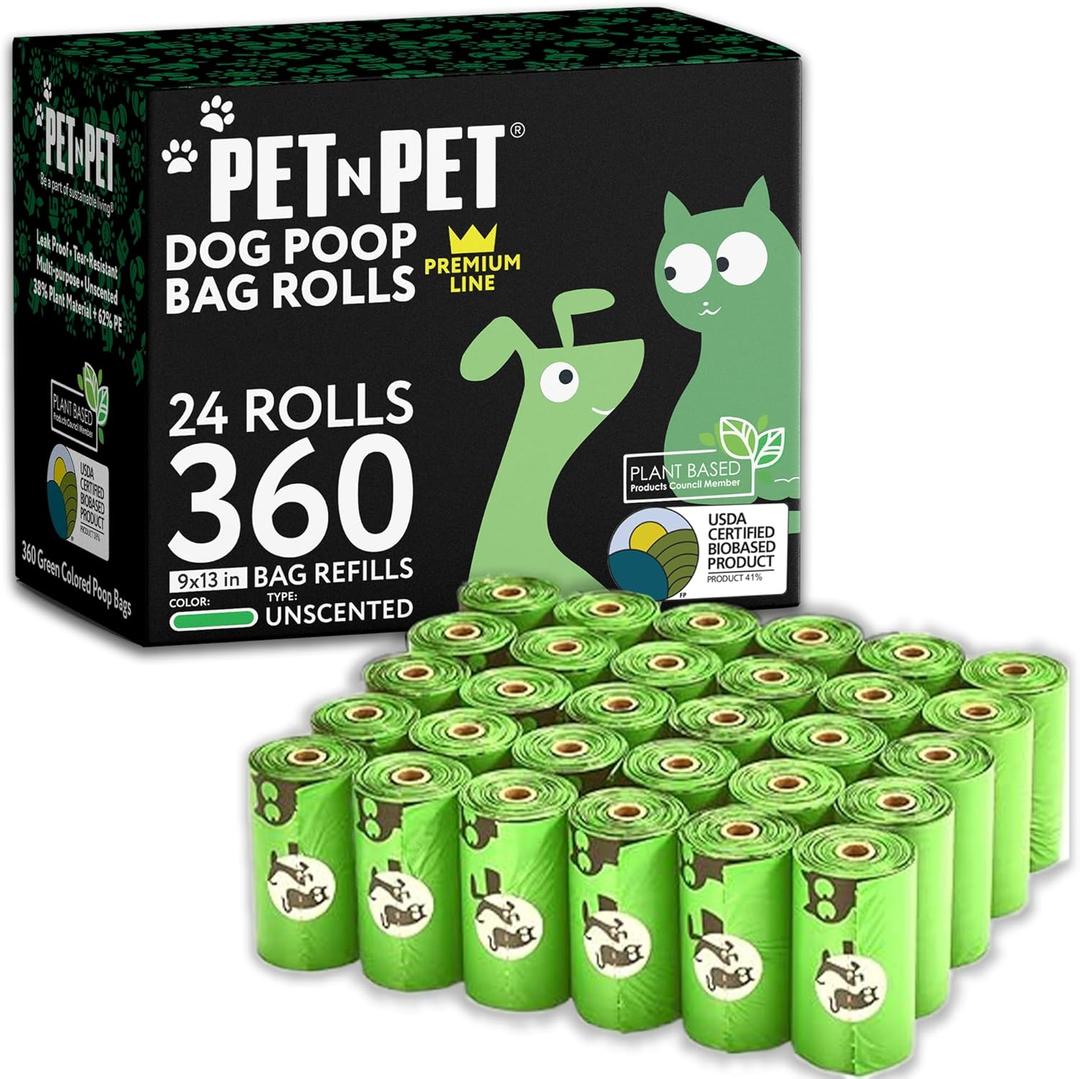 Pet N Pet 360 Counts, Unscented Dog Poop Bags Rolls, 41% Plant Based & 59% PE Poop Bags For Dogs, 24 Rolls Extra Thick Dog Waste Bag, Doggie Poo Bag
