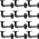 L-Shaped Industrial Pipe Shelf Brackets, Black Metal Wall-Mounted Floating Shelf Supports for 8-14 Inch Plates, Heavy-Duty DIY Rack Supports, Iron Material (12-Pack Black)