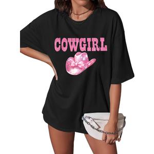 Oversized Western Cowgirl Shirts for Women Country Music Rock Band Tshirt Black Medium