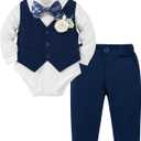 Coco&RARA Baby Boy Clothes Suits Infant Gentleman Outfits, Formal Dress Shirt+Vest+Corsage+tie+Pants Baby Suit Set (0-3 Months, Navy Blue)