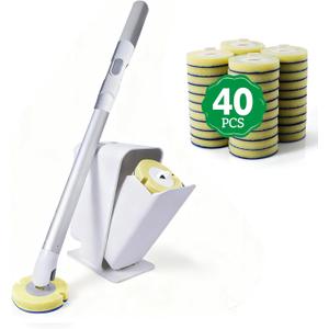Eyliden Toilet Bowl Wand Kit with 40 Refills, Disposable Toilet Brush with Pre-Soaked Sponge Heads, Hands-Free Click Mechanism, Wall-Mount Holder, Bathroom Toilet Scrubber, White
