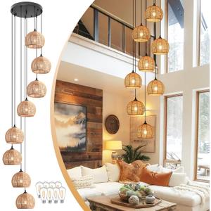 8-Light Woven Foyer Chandeliers for High Ceiling H100",8 Dome Boho Rattan Pendant Lights Farmhouse Ceiling Light,rustic Hemp rope Light Fixture For Living Room Hallway Staircase Entryway (Bulb Incl.)