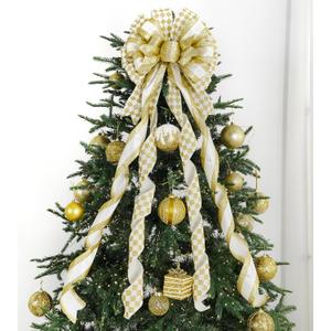 HUIHUANG Gold Christmas Tree Topper Bow 13 inch x 45 inch Gold and White Large Christmas Bows Diamond Velvet Bows for Christmas Tree Ornament, Wreaths, Staircase, Mantel, Home Decor