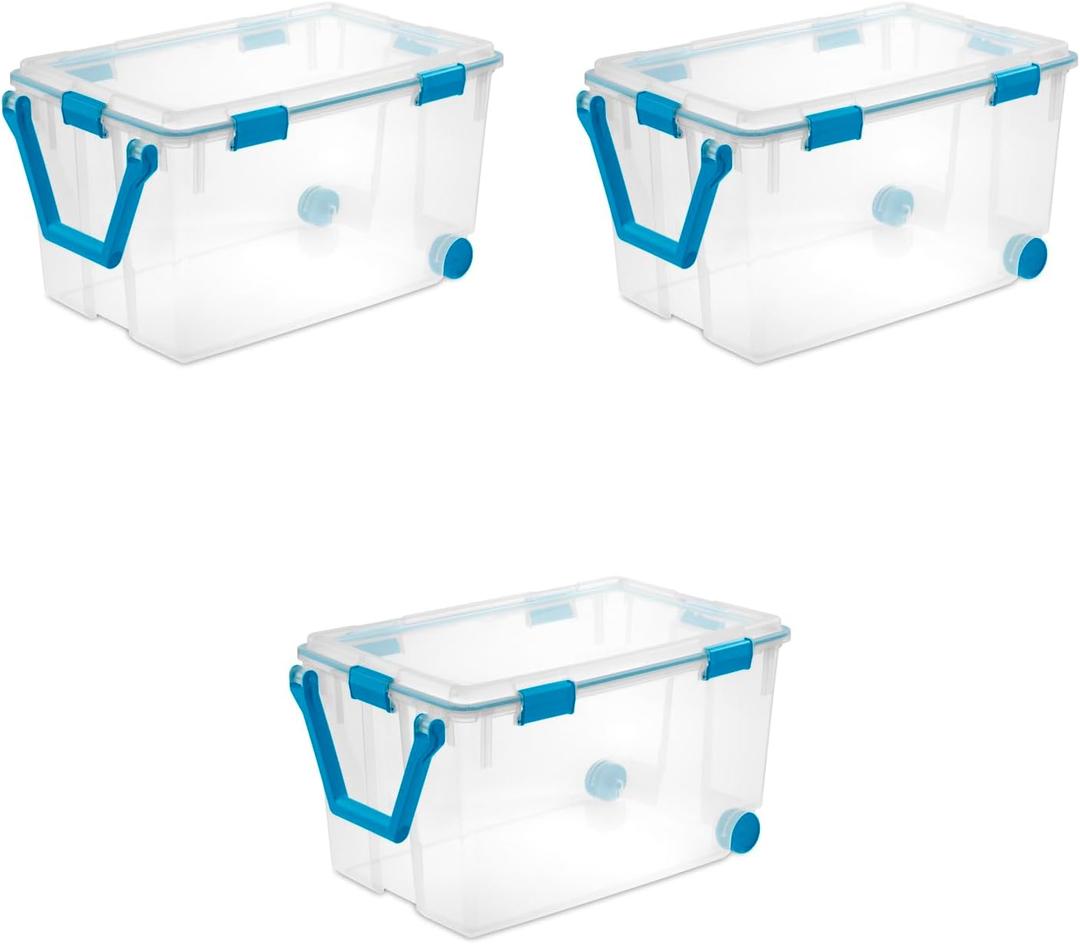Sterilite 120 Qt Wheeled Gasket Box, Stackable Storage Bin with Latching Lid, Handle and Tight Seal, Plastic Container with Clear Base and Lid, 3-Pack