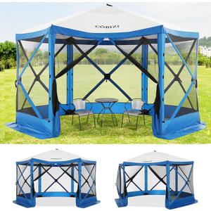 COBIZI 12x12ft Pop up Gazebo Screen House Tent for Camping, Camping Outdoor Screened Gazebo with Mosquito Netting, Portable Hub Tent with Carrying Bag and Ground Stakes, Blue (Upgraded 2.0)