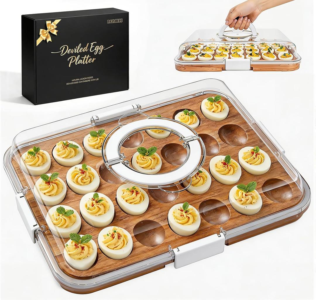Renmxj Deviled Egg Containers with Lid Easter Gifts Set (28 Eggs), 2026 Upgraded Acacia Wooden Deviled Egg Tray Platter for Party, Home Kitchen Gift for Women, The Lid is Dishwasher Safe (White)