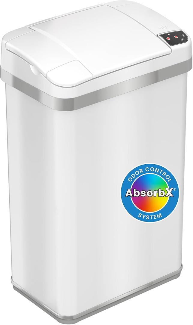 iTouchless 4 Gallon/15 Liter Sensor Trash Can with Odor Filter and Fragrance Touchless Automatic Stainless Steel Waste Bin, Perfect for Office and Bathroom, Pearl White