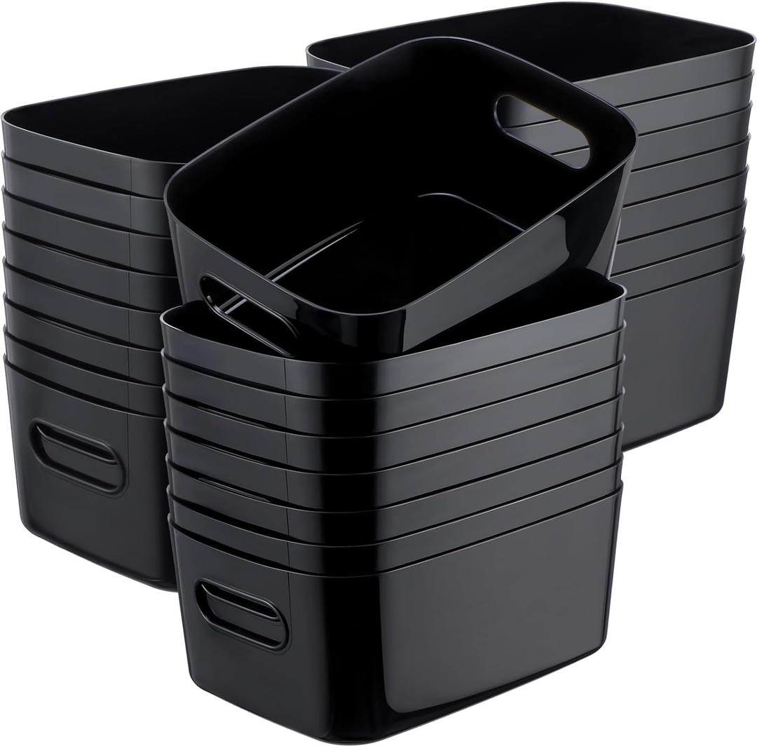 Leinuosen 21 Pack Plastic Storage Baskets Plastic Storage Bins Pantry Organizer Bins for Kitchen Freezer Cabinet Closet Bathroom Under Sink Laundry Room Bedrooms Countertops Shelve(Black)