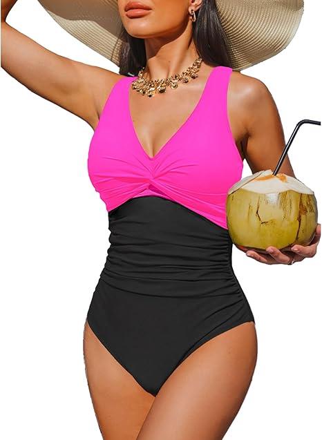 Holipick Women Tummy Control One Piece Swimsuit - Push Up Bathing Suit Full Coverage Slimming Swimwear Size XXL, Hot Pink and Black