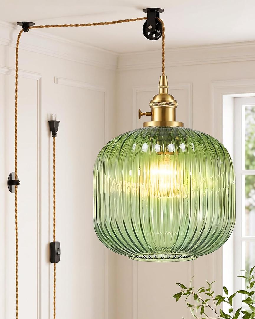 Green Glass Plug in Pendant Light with 15ft Cord and On/Off Switch