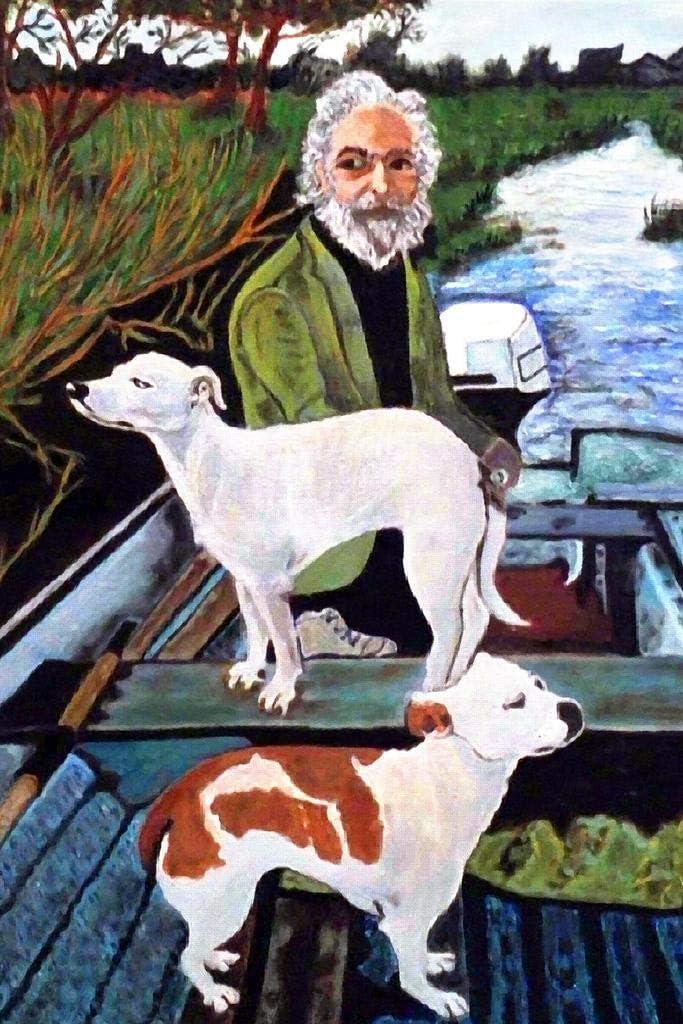 Man in Boat With Dogs Movie Painting Poster Motorboat On Water Film Cool Wall Art Print Poster 16x24