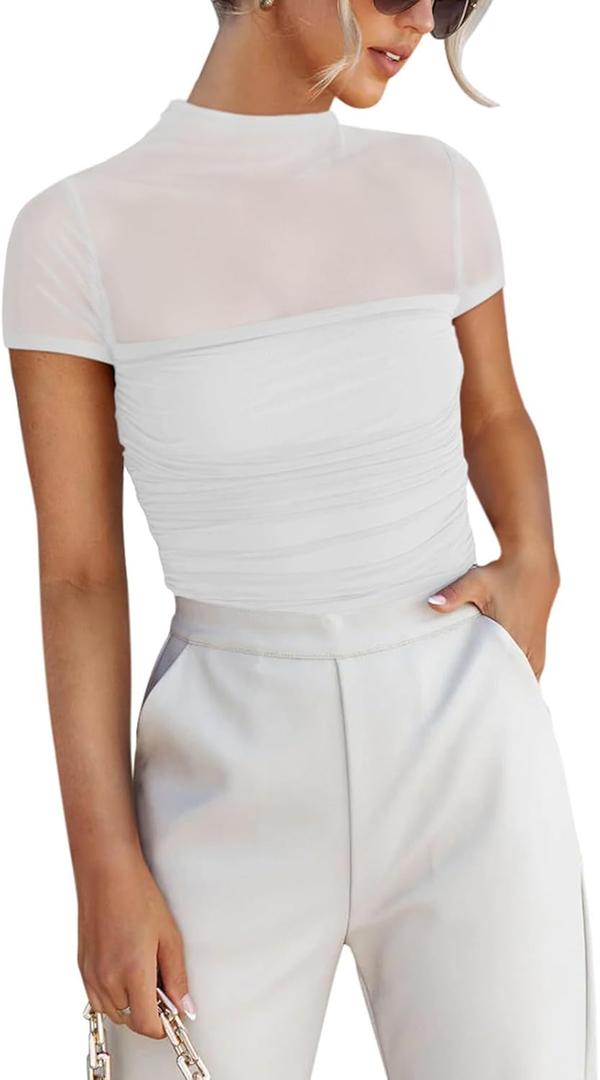REORIA Women's Sexy Mock Turtle Neck Short Sleeve Shirts Sheer Mesh Ruched Trendy Going Out Bodysuits Tops (White) S