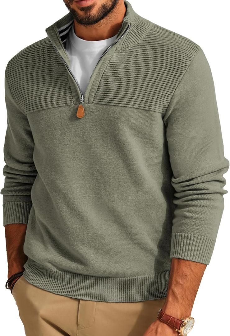 PJ PAUL JONES Men's Quarter Zip Sweater Slim Fit Casual Pullover Sweater Mock Neck Polo Sweaters (Large, Army Green)