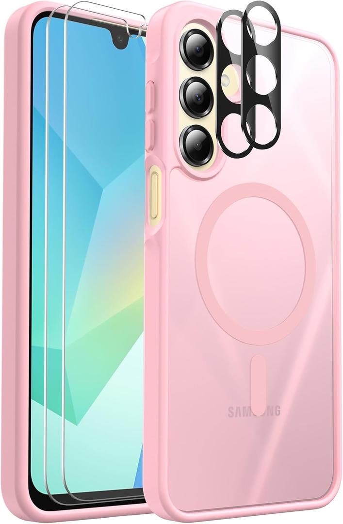 Ezanmull for Samsung Galaxy A16 5G Phone Case Magnetic Shockproof, [Fit for MagSafe] [Glass Screen Protector + Camera Lens Protector] Translucent Anti-Fingerprint (Pink)