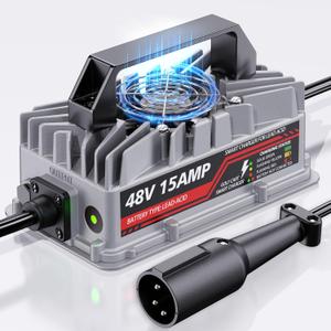 15 Amp 48 Volt Golf Cart Battery Charger for Club Car Precedent & DS - 3-Pin Round Plug, Smart Charger for Lead-Acid Batteries, IP67 Waterproof, Multi-Protection, Unique Design (Silver)