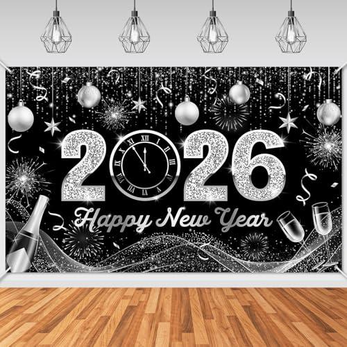 Mocsicka Happy New Year Backdrop Black Silver 2026 New Years Banner Fireworks Champagne for New Years Eve Party Supplies Photo Background (Black Silver, 6x3.6ft)