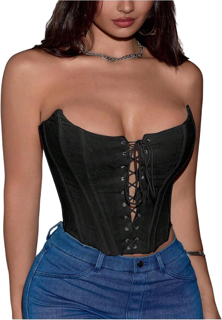 Floerns Women's Lace Up Y2k Corset Tops Strapless Grommet Eyelet Crop Tube Top (Black, XL)