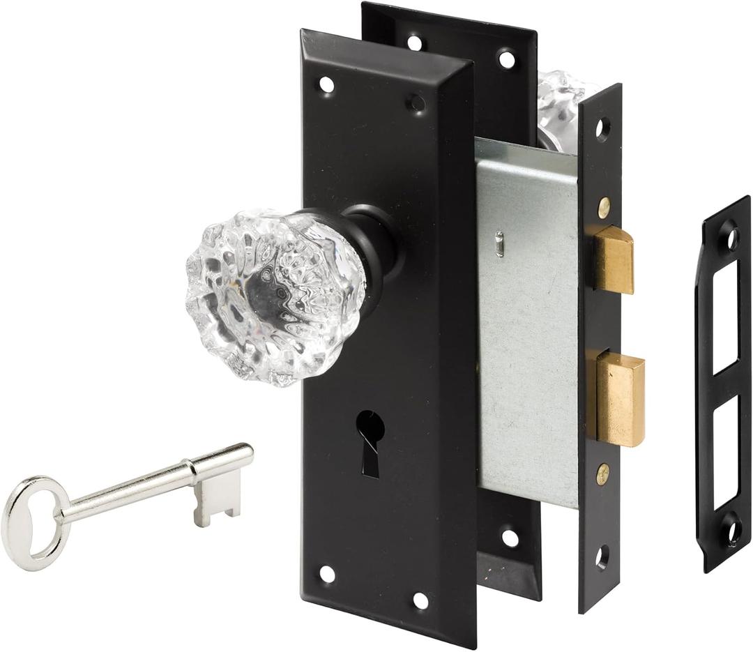 Prime-Line E 28338 Mortise Keyed Lock Set with Glass Knob  Perfect for Replacing Antique Lock Sets and More, Fits Doors with 2-3/8 In. Backset (Single Pack)