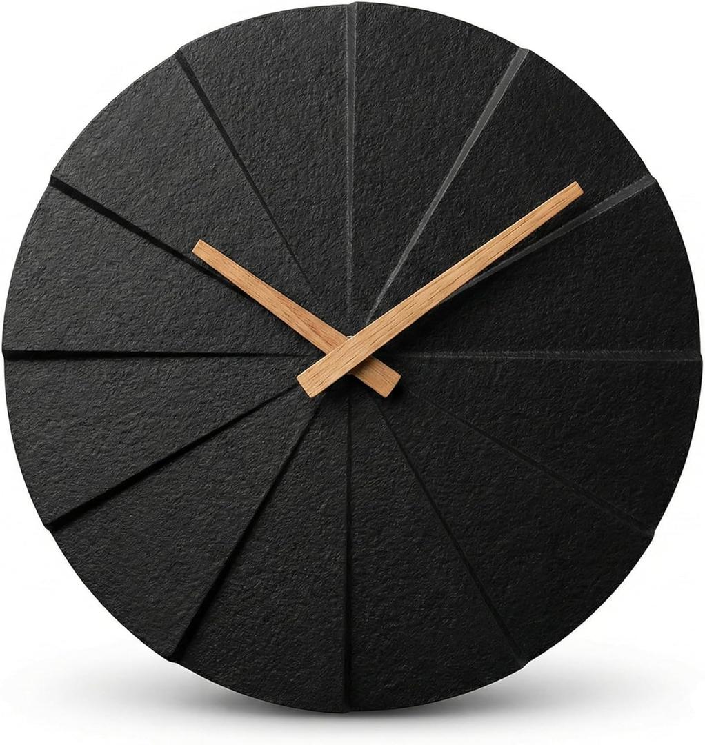 Driini Staircase Modern Wall Clock - Unique 10.5 in. Frameless Concrete Design - Contemporary, Minimalist Decor; No Numbers - Silent Battery Operated Clocks with Decorative Wooden Hands; Black