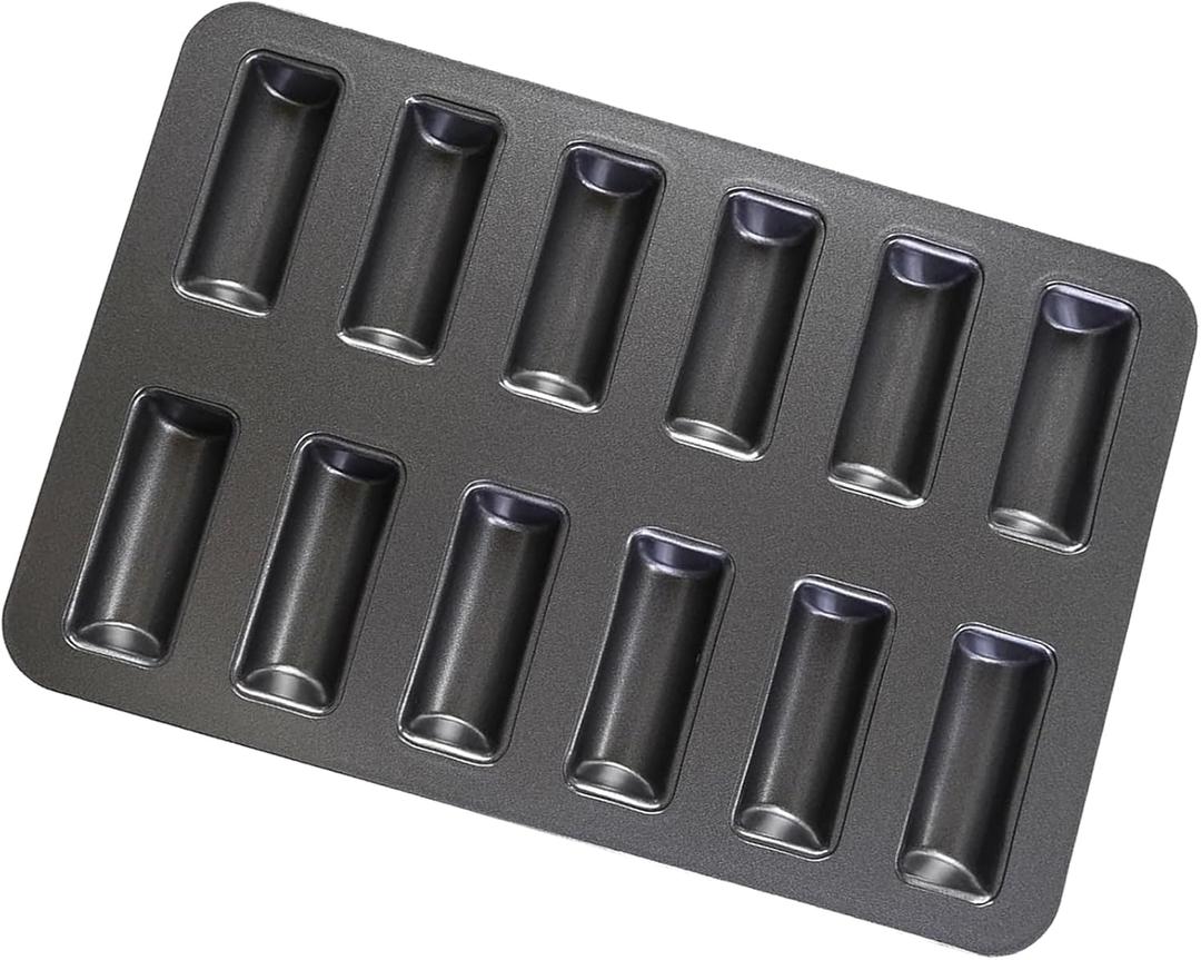 12 Cup Financier Cake Baking Pan Mini Banana Bread Loaf Cream Canoe Granola Bar Cornbread Nonstick Small Muffin Cupcake Madeleine Cookie Tin Tray Mold (1 Pcs Black Gray)