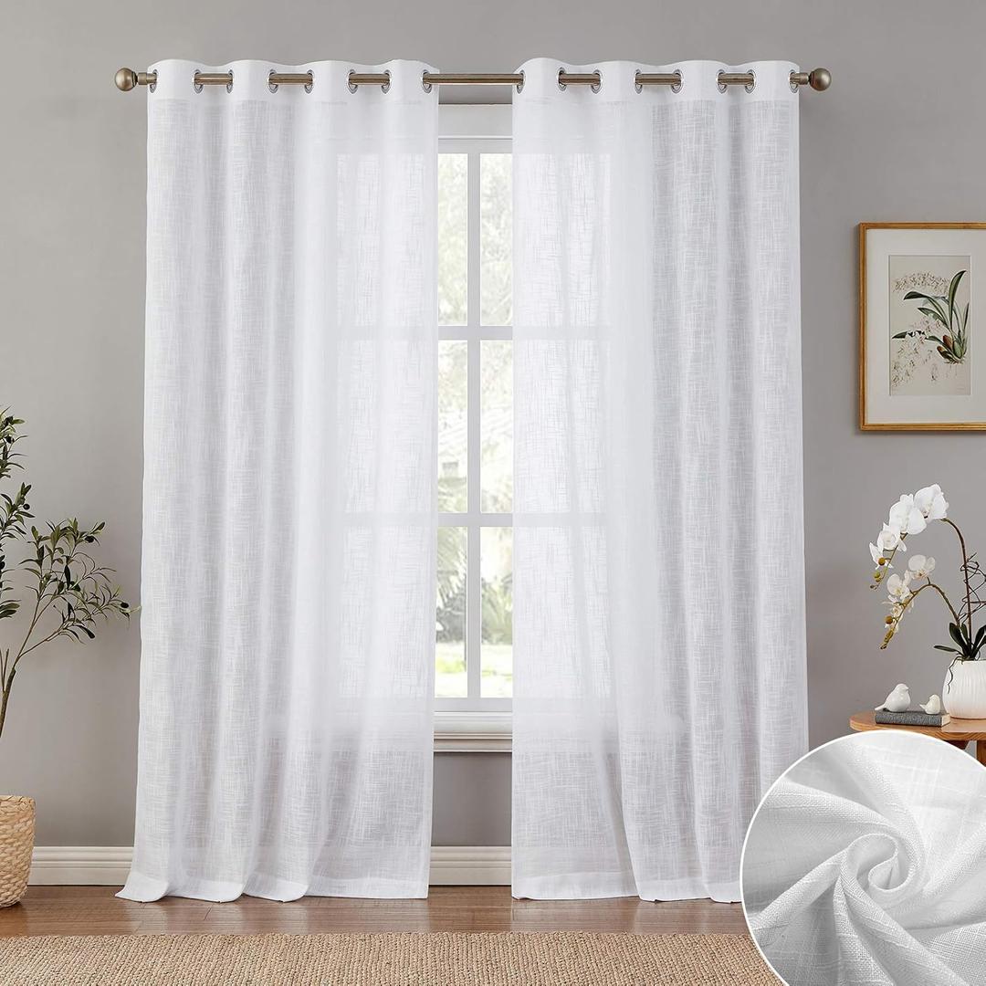 Melodieux White Linen Textured Semi Sheer Curtains 63 Inch Length for Bedroom Living Room Rustic Flax Linen Grommet Voile Drapes, 52 by 63 Inch (2 Panels)